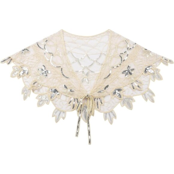 PrettyGuide Women's Silver Beige 1920s Shawl Beaded Evening Wraps Flapper Bolero - Picture 5 of 5